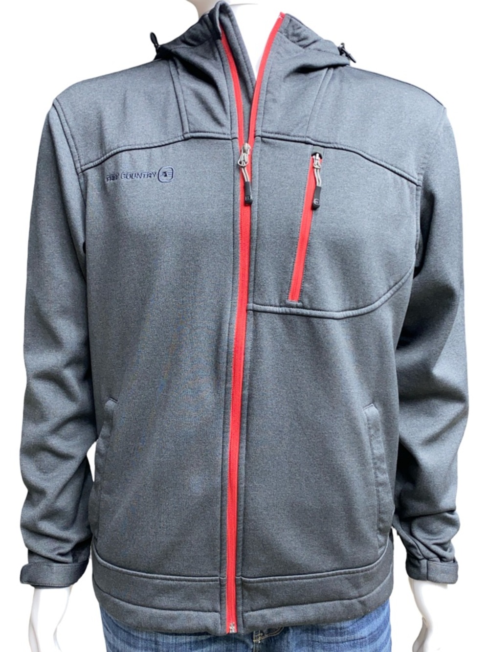 Free Country Men’s Softshell Jacket Gray Red Full Zip Hooded Size Medium